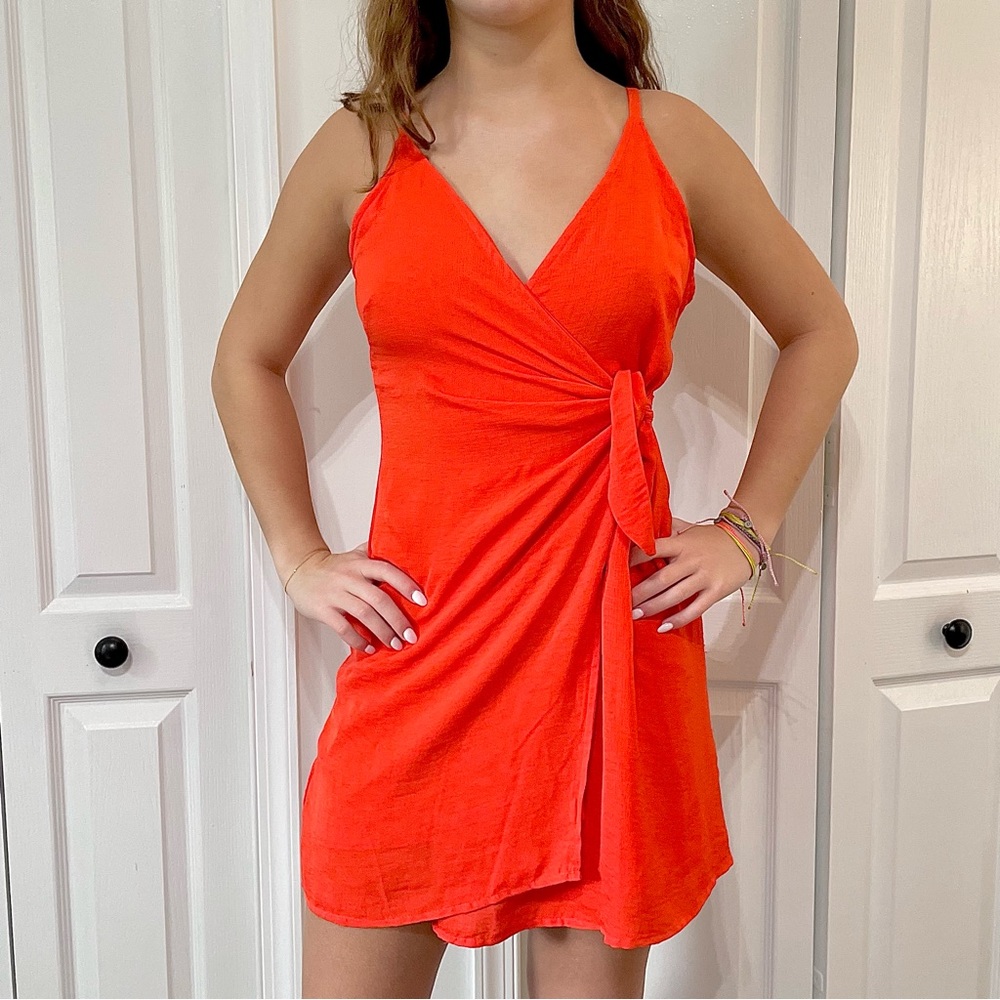 red orange tie dress